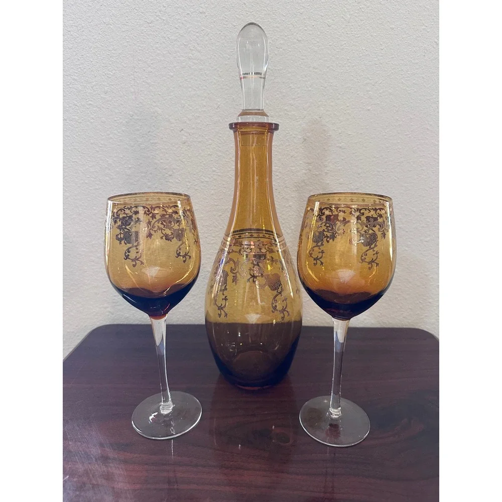 Vintage Amber Glass Decanter and 2 Wine Glass Set Gold Floral Filigree 3 Piece